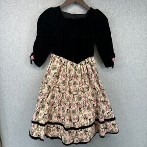 Petals San Francisco Dress Girls Size 10 Multi Velvet Floral Puff Sleeve A-Line